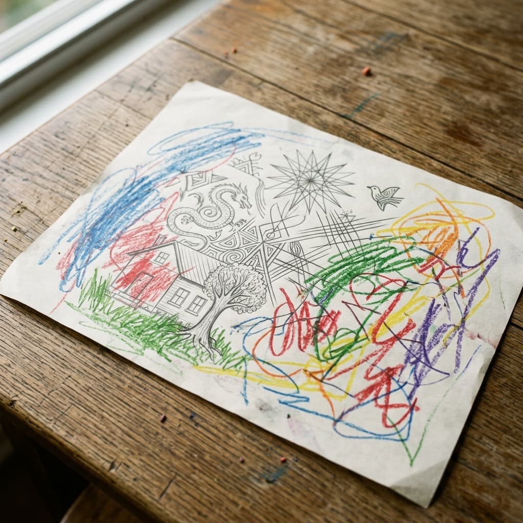 A shared piece of paper showing neat adult pencil doodles mixed with vibrant child-like crayon scribbles.