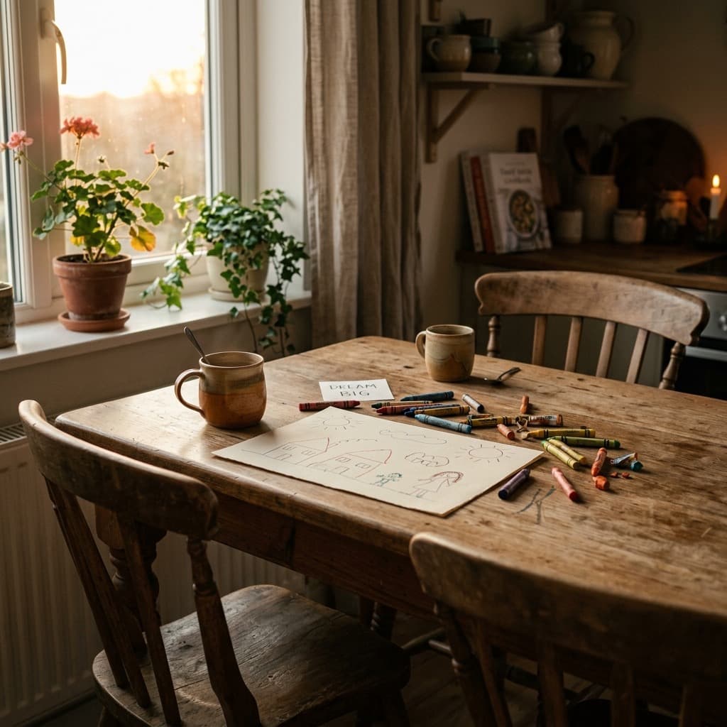 A kitchen table in warm evening light, set up with two chairs, two mugs, crayons, and drawing paper.