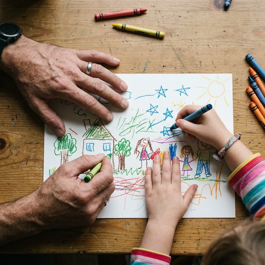 Top-down view of adult and child hands drawing together on the same piece of paper with crayons.