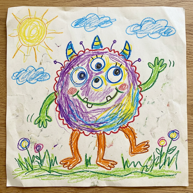 Drawing of a multi-eyed friendly creature